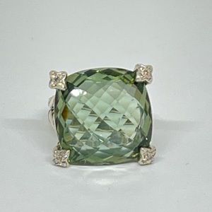 David Yurman Cushion On Point w faceted stone, pavé diamond accents split shank.